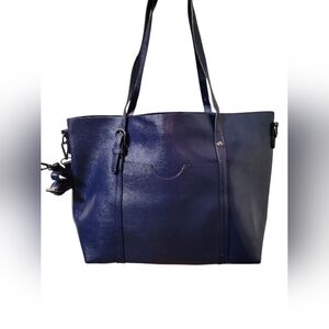 Vegan Leather Navy Blue Zip Top Tote Bag W/ Removeable Crossbody Strap